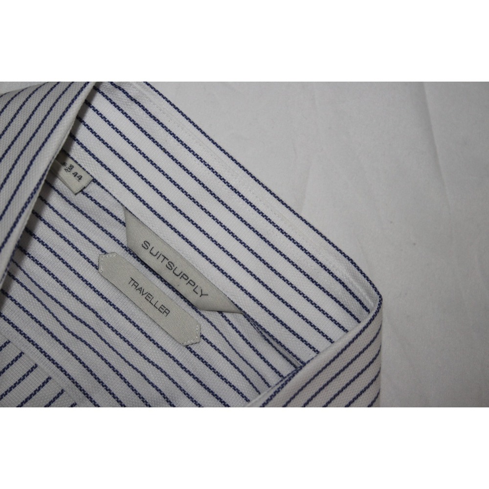 SUITSUPPLY TRAVELLER Men's 44/17.5 White Blue Stripes Dress Shirt - Picture 3 of 7